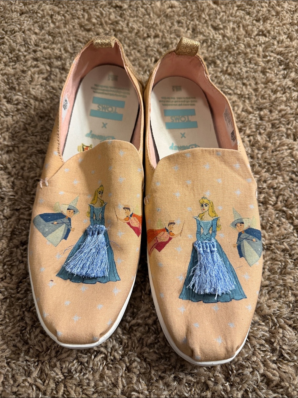 Toms Peach Canvas Espadrilles with Blue Tassel Princess Embroidery